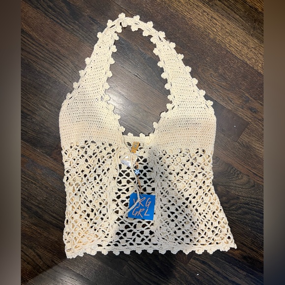 NEW VRG GRL Palm Canyon Crochet Halter Top Cream Size Medium - Picture 3 of 6